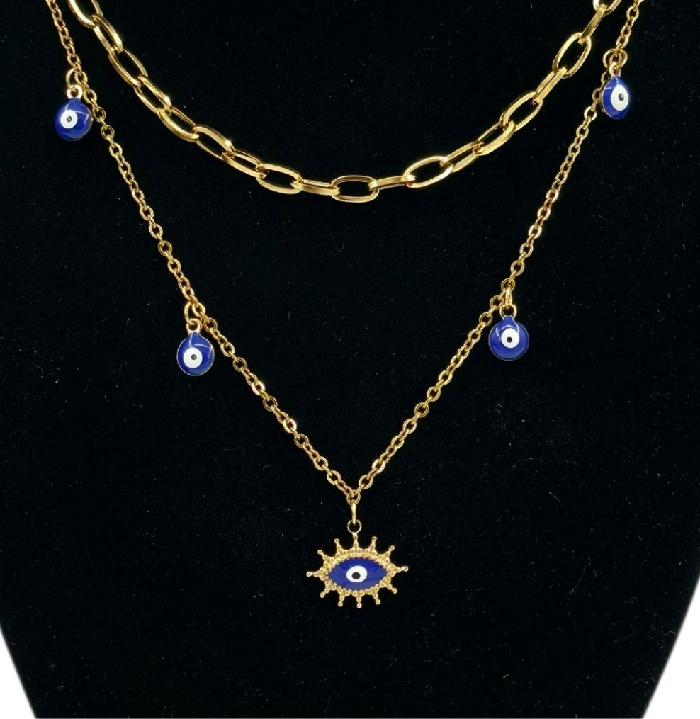 Collier Double Eil Grec + Boucles Protection Élégante